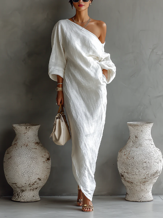 Elise™ | Elegant One-Shoulder Maxi Kjole i Hvit